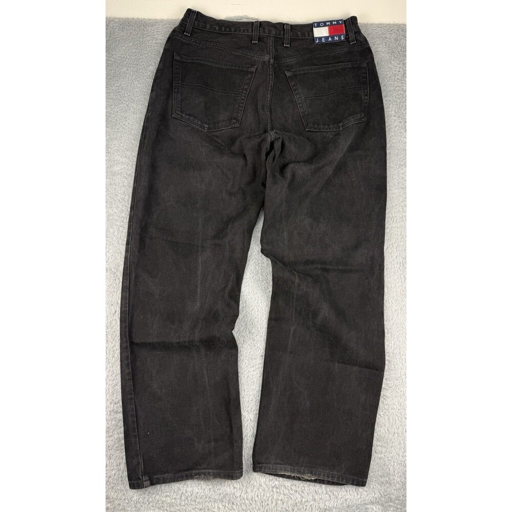 Vintage Tommy Jeans Black Loose Fit Straight Jeans Men 38x34 Y2K Flag Logo Baggy